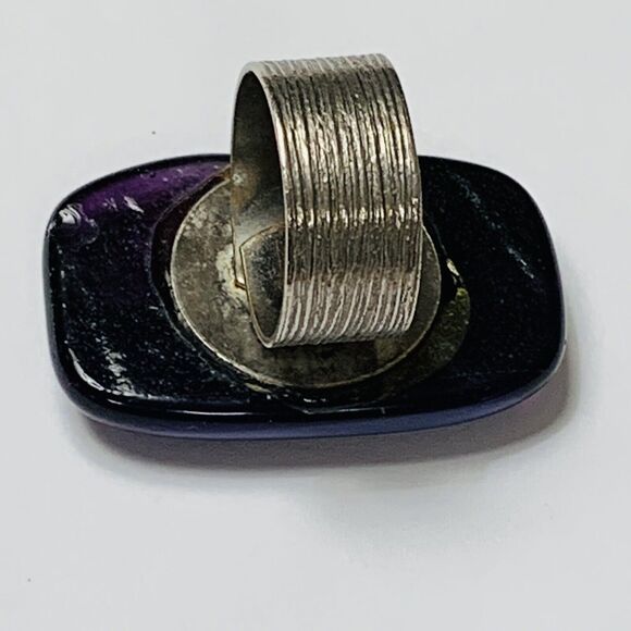 Chunky Art Glass Ring 7.5 Adjustable Purple Blue Black Statement Silver Tone - Picture 8 of 11